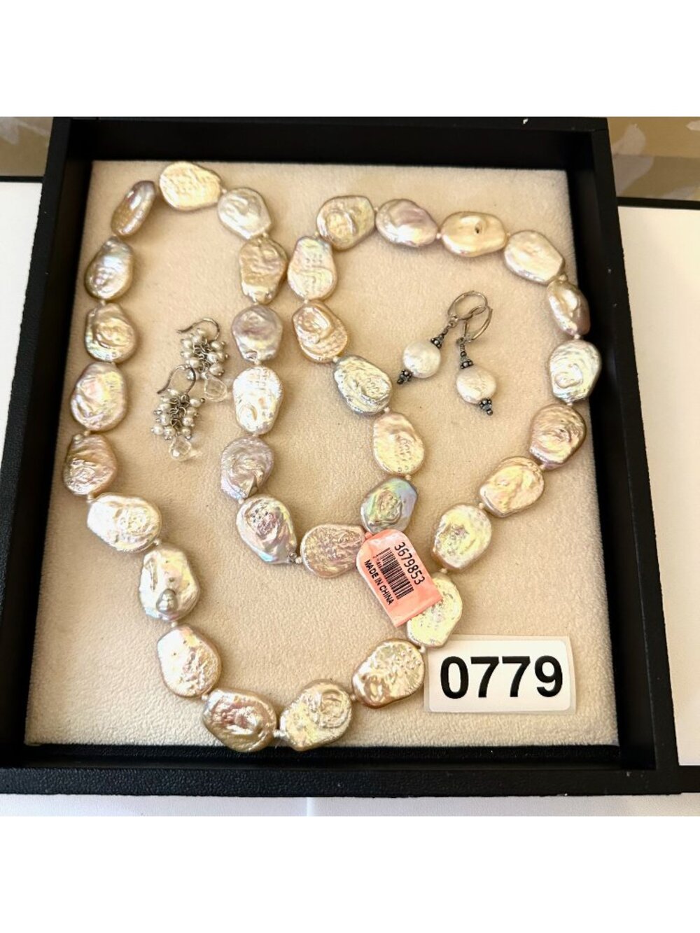 Large Coin Freshwater Pearl Necklace Sterling Silver Pierced Earrings Lot Estate